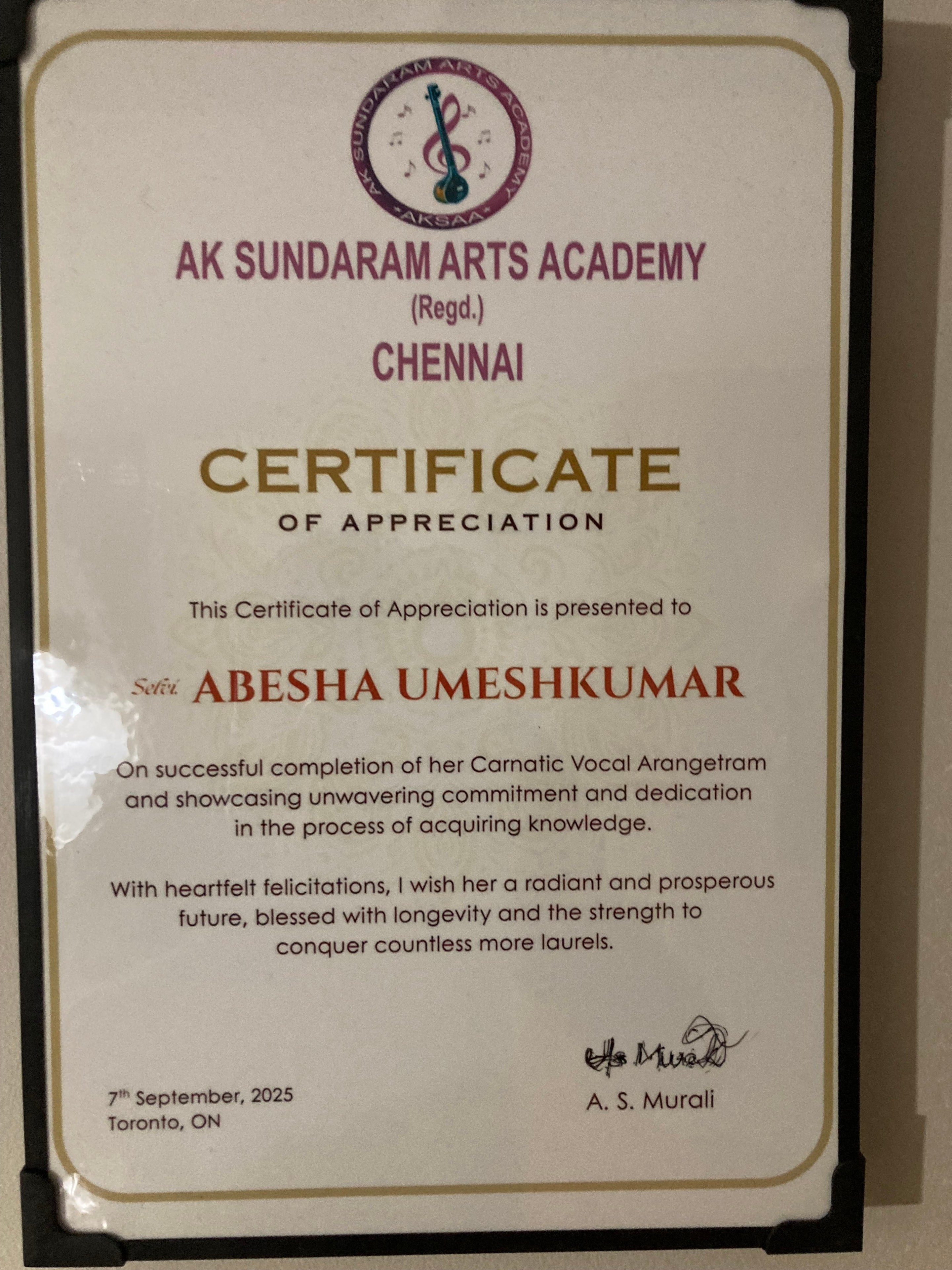 AK Sundaram Arts Academy Certificate of Appreciation awarded to Abesha Umeshkumar, signed by A. S. Murali, September 7, 2025